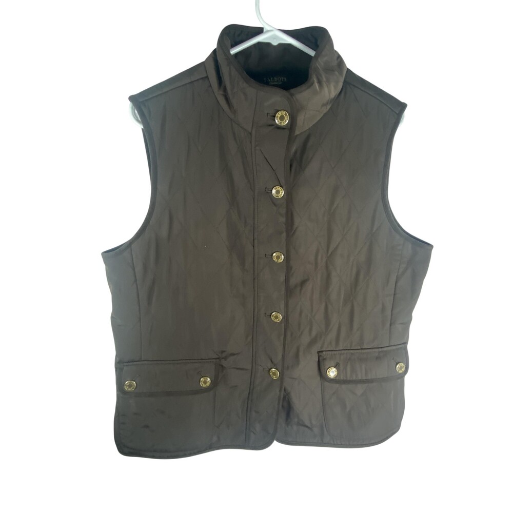 Talbots Vest Womens Large Brown Quilted Button Front Pockets Stand Collar
